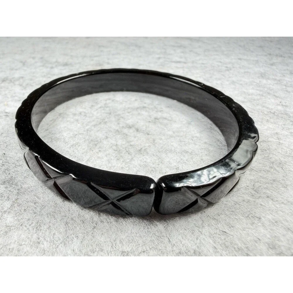 Vintage 1980s Black Acrylic Bangle Bracelet Raised Geometric Diamond Statement